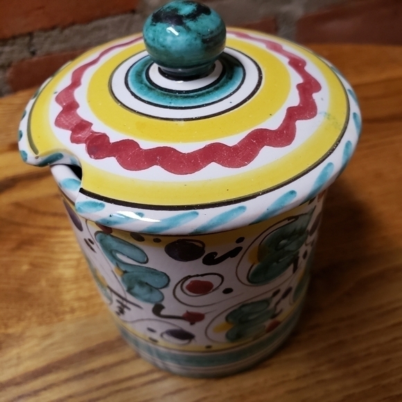 italian Pottery Sugar Jar with Lid Hand Painted Blue White Yellow - Picture 4 of 5